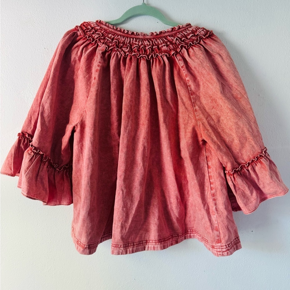 NWT Free People Ainsley Denim Top Smocked Bell Sleeve Blouse - Picture 7 of 12